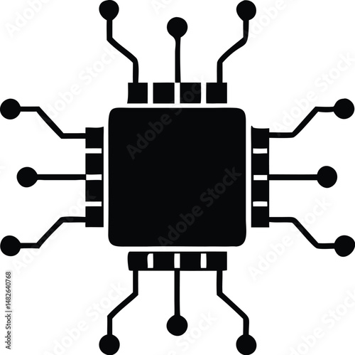 An isolated black computer chip features eight legs symmetrically aligned on a transparent background