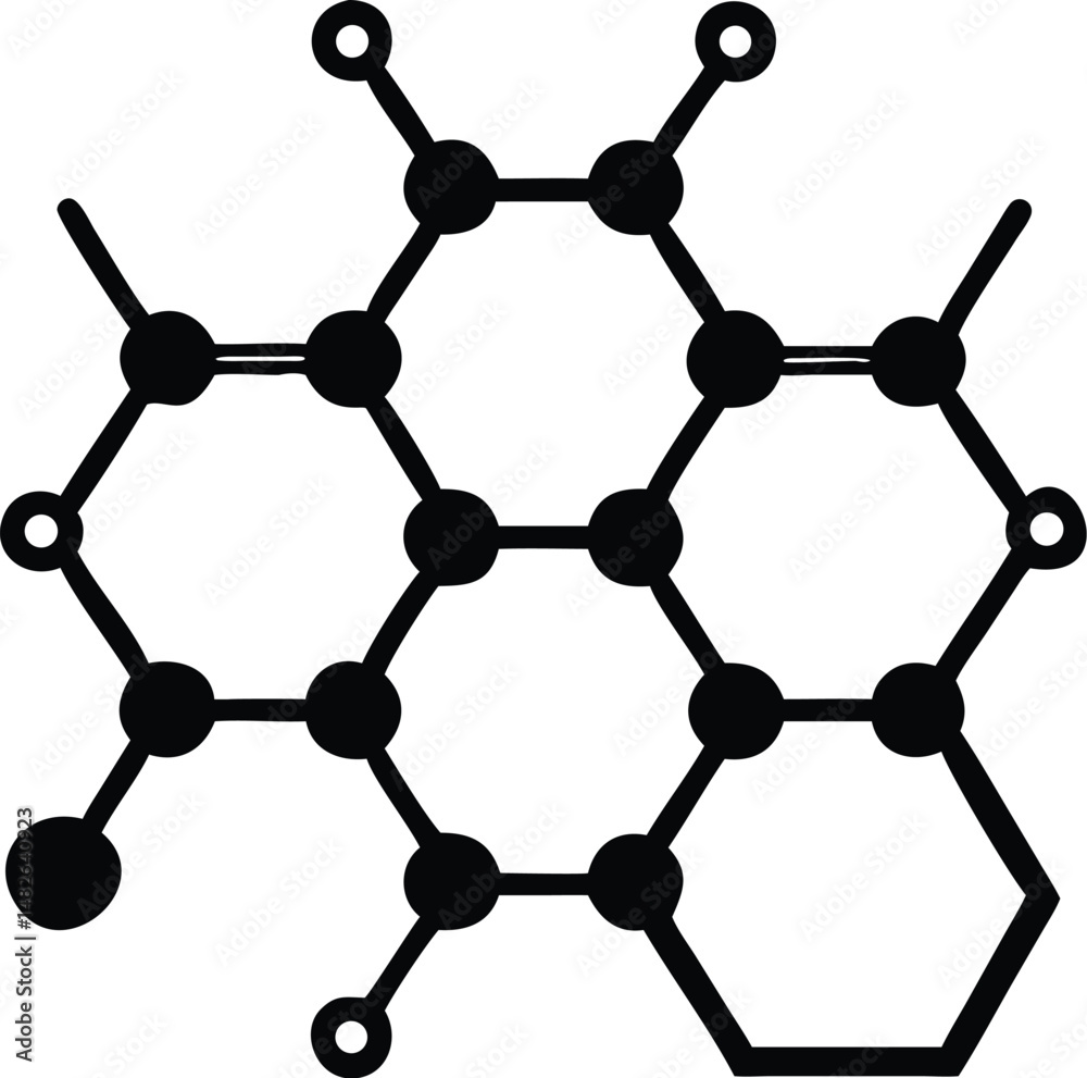 Black molecular structure shows interconnected hexagonal rings and atoms on a white background Black molecular structure shows interconnected hexagonal rings and atoms on a white background
