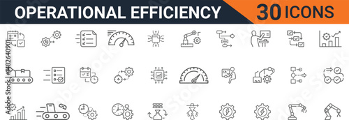 Modern vector icons set illustrating operational efficiency, automation, productivity, workflow optimization, and business process improvement for digital and industrial use.

