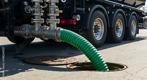 Industrial Sewage Truck Draining With Green Hose Into Manhole Cover On Asphalt During Daytime