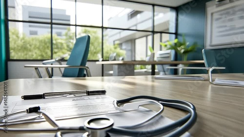 Modern medical office interior; desk with stethoscope, documents, and window view