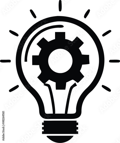 Single black gear inside of bulb with light rays icon isolated