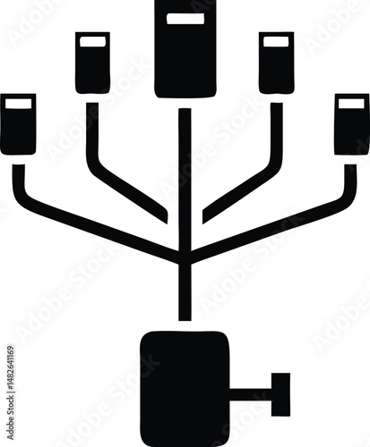 Minimalist hub symbol features five connectors spreading out from a central port icon