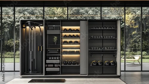 Sleek, modern home gym unit with integrated storage for weights, equipment, and accessories.  Large windows showcase a serene outdoor view