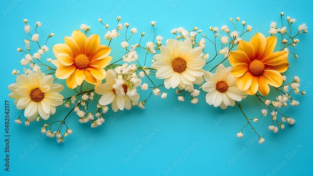 Obraz premium Beautiful arrangement of dahlia flowers and gypsophila against a vibrant blue background