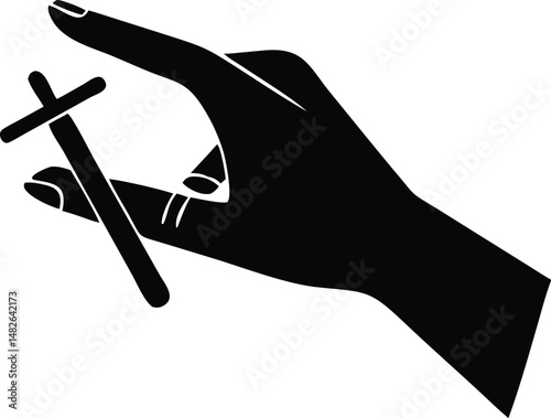 Silhouette of a hand gently holding a wooden cross, a symbol of faith and spirituality