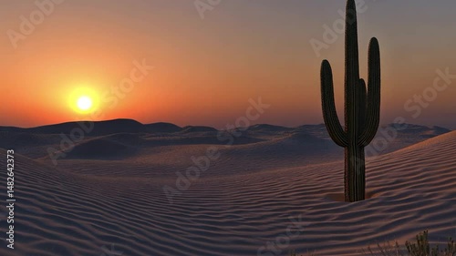 Sunset over a sand dune desert with a lone saguaro cactus