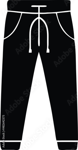 Black jogger pants with drawstring and pockets are displayed in front of a white backdrop