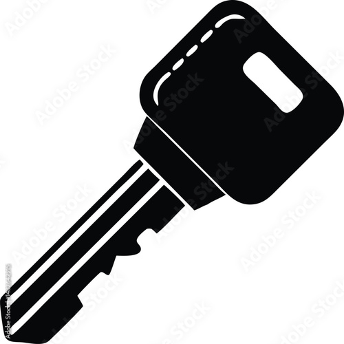 A solid black key with a rectangular head rests against a white background