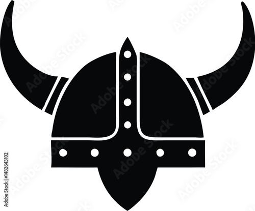 Bold black silhouette reveals a horned Viking helmet with stud details on white