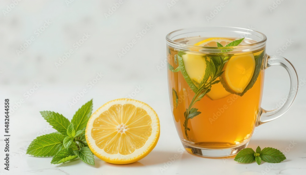 Refreshing Lemon and Mint Herbal Tea in a Glass Mug Refreshing Lemon and Mint Herbal Tea in a Glass Mug