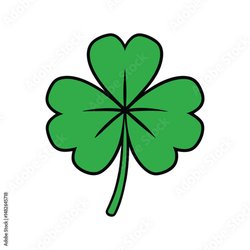 Green four-leaf clover vector illustration. Lucky shamrock leaf, Saint Patrick's Day symbol, botanical flat green icon art.

