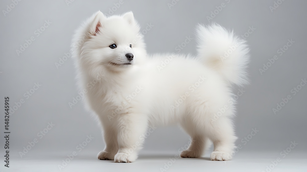 Fototapeta premium Adorable fluffy white Samoyed puppy standing on a neutral background, looking curious and playful 