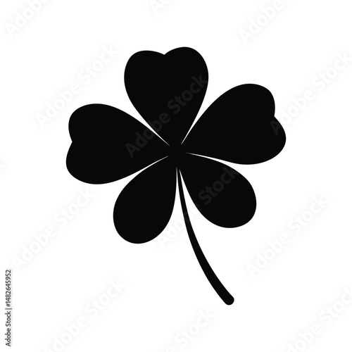 Four leaf clover silhouette vector illustration. Lucky shamrock icon, black botanical outline, Saint Patrick's Day element.
