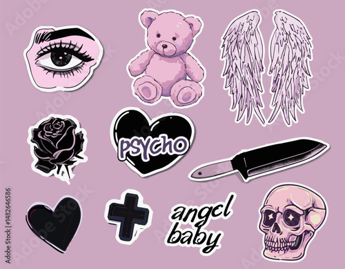 Trendy sticker set with pastel teddy bear, angel wings, knife, black rose, heart, eye, cross, skull, and “psycho” & “angel baby” text. Edgy aesthetic with pink, purple, and black tones.