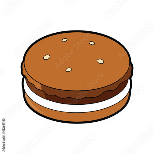 Chocolate sandwich cookie vector illustration. Cream filled biscuit clipart, crispy snack design, sweet dessert graphic.

