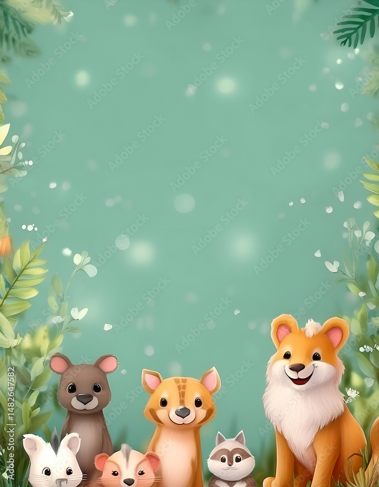 Naklejka premium A cheerful illustration of adorable cartoon animals surrounded by greenery.