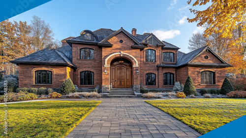 A luxurious estate with brick accents includes a heavy wooden front door under an arched entry, surrounded by manicured grass and a sunny sky