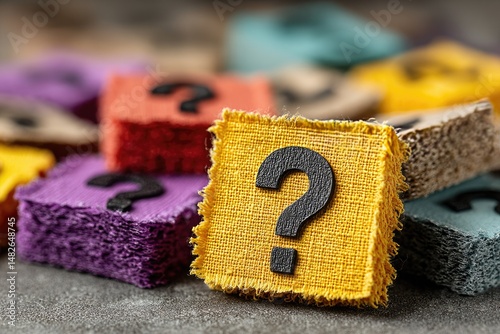 Colorful question marks on fabric blocks