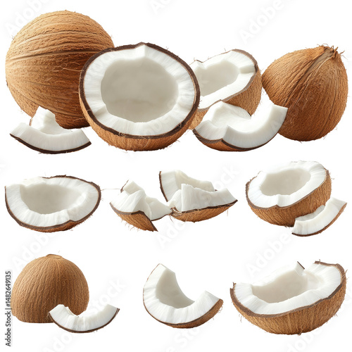 Fresh coconuts, various pieces and whole