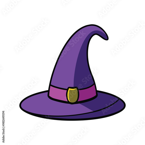Whimsical purple witch hat vector illustration. Halloween costume accessory, magical fantasy hat, spooky cartoon clipart.

