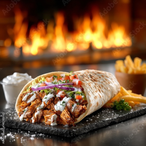 Delicious Shawarma Wrap with Creamy Sauce and Fresh Toppings served with Fries by a Fireplace