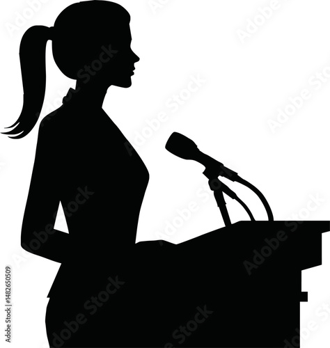 Silhouette of a leader or CEO speaking at a podium, public speaking or leadership concept, flat vector in black and white, minimal and professional style
