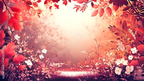 Dreamy autumnal scene with vibrant red leaves and delicate white flowers in soft sunlight