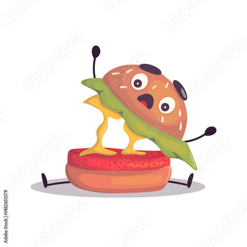 Surprised Burger Mascot Falling Apart. Animated burger character falling with melted cheese and shocked expression. Great for food humor, reaction icons, or playful branding.
