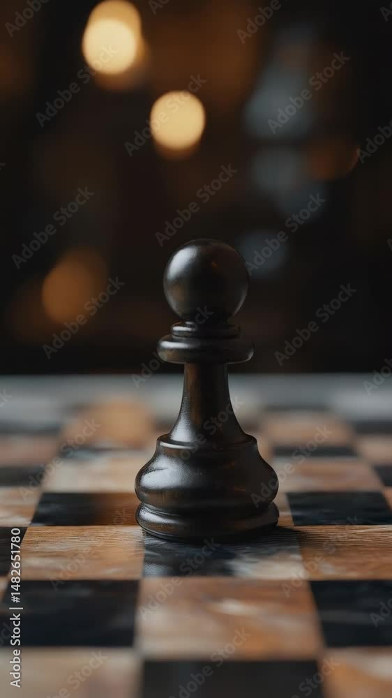 Black pawn standing on a chessboard in a dimly lit room, creating a dramatic and strategic atmosphere, perfect for concepts related to games, strategy, and competition Black pawn standing on a chessboard in a dimly lit room, creating a dramatic and strategic atmosphere, perfect for concepts related to games, strategy, and competition
