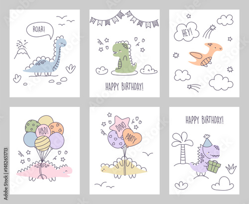 Set of birthday greeting cards with dinosaurs. Collection of greeting posters with animals, balloons and lettering. Dino party for kids. Children's posters with dinosaurs in scandinavian style. Doodle