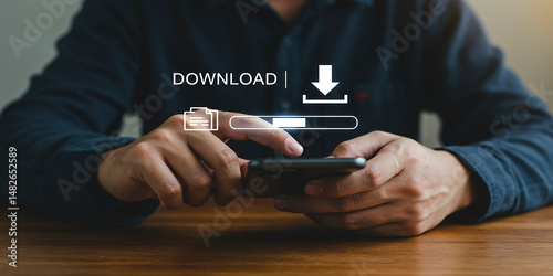 Downloading file data on mobile phone with download bar and arrow icon on screen for transfer process 100 photo