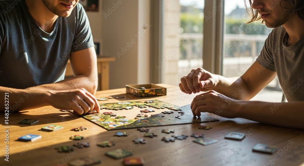 Fototapeta premium Two Individuals Engaged in Puzzle Assembly at a Sunlit Table in a Modern Living Space, Showcasing Cooperation and Leisure Activities