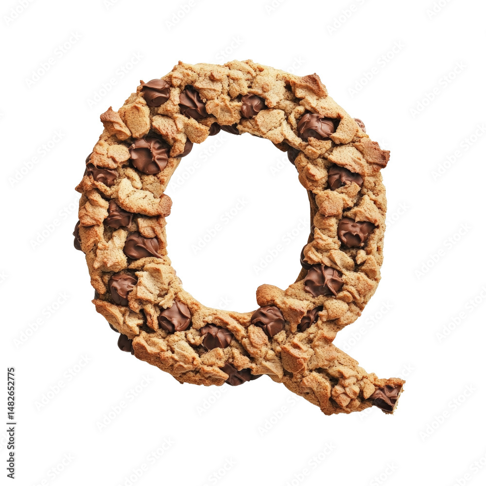 Obraz premium Letter Q made from crunchy oatmeal cookies with chocolate chips on a white background