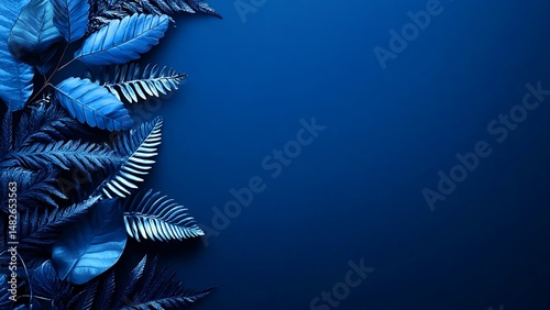Elegant blue leaf arrangement on dark background offering blank space for copy and text