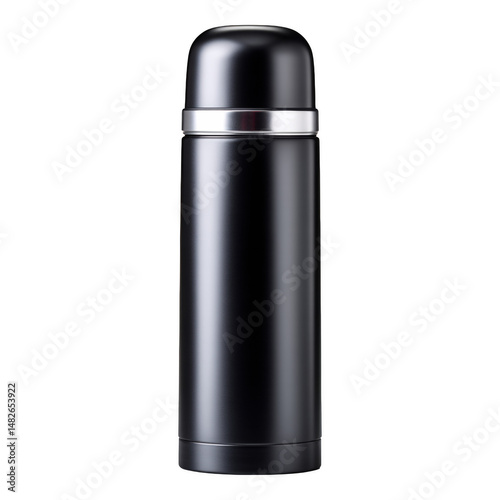 Elegant matte black thermos flask in minimalist indoor photography highlighting reflections, isolated on transparent background