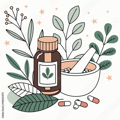 Homeopathic pills. Alternative medicine. Homeopathic treatment and phytotherapy concept. Herbal pills. Herbal capsules in a bottle against a background of leaves. Flat vector illustration