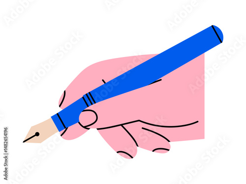 Hand drawn cute illustration of hand holding fountain pen. Flat vector school stationery doodle. Creative process. Designer or painter. Sign a document. Writing a message sticker, icon. Isolated.
