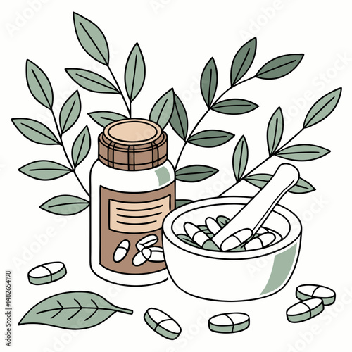 Homeopathic pills. Alternative medicine. Homeopathic treatment and phytotherapy concept. Herbal pills. Herbal capsules in a bottle against a background of leaves. Flat vector illustration
