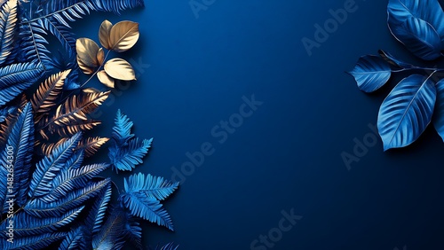 Elegant botanical background with deep blue and gold leaves decorative floral design