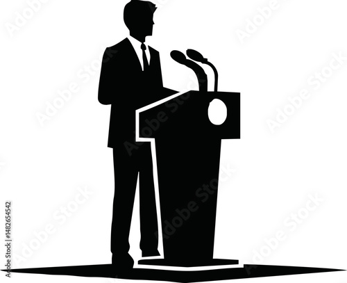 Silhouette of a leader or CEO speaking at a podium, public speaking or leadership concept, flat vector in black and white, minimal and professional style