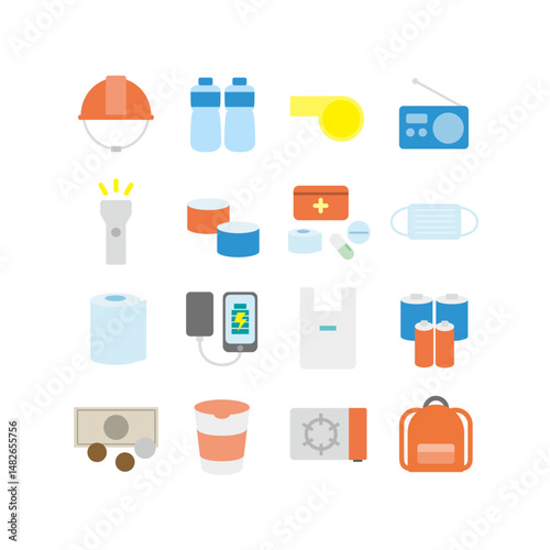 防災用品のベクターイラスト：災害対策アイコンセット - Disaster Preparedness Supplies Vector Illustration: Icon Set for Emergency Preparedness