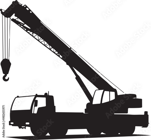 Silhouette of a mobile crane truck with extended boom and lifting hook, black construction vehicle