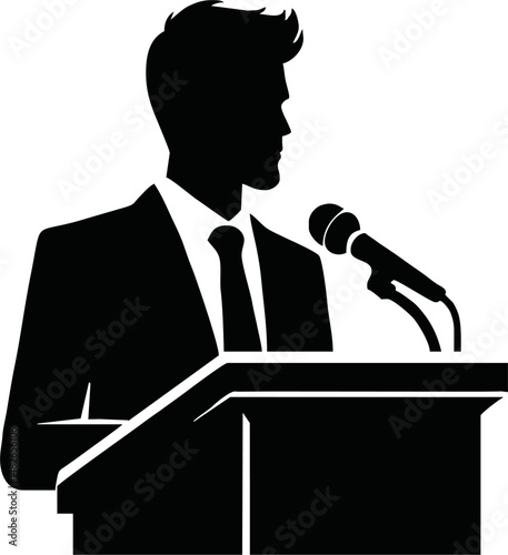 Silhouette of a leader or CEO speaking at a podium, public speaking or leadership concept, flat vector in black and white, minimal and professional style