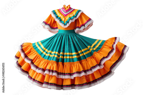 Colorful ruffled layers traditional mexican dance dress in fashion photography studio, isolated on transparent background