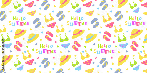 Seamless pattern with summer beachwear and accessories. Cartoon style swimsuits, flip flops, bags, and sunglasses.