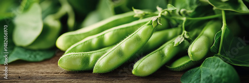 Fresh green fava beans with vibrant leaves are displayed on rustic wooden surface, showcasing their natural beauty and freshness. This evokes sense of healthy eating and farm to table freshness