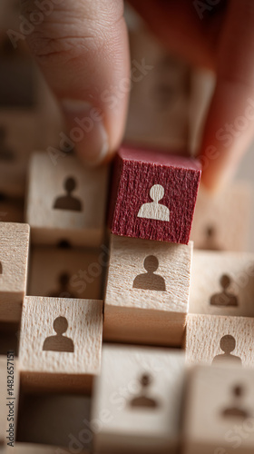 Hand placing a dark red wooden block with a person icon on a grid of light brown blocks, symbolizing human resource management or team selection