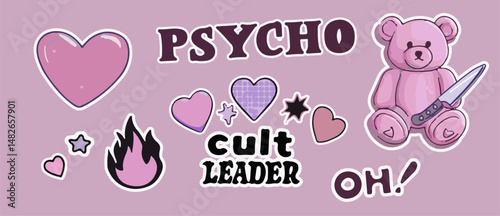 Vector illustration with pastel stickers: pink heart, “PSYCHO” text, “oh!” text, pink rose, teddy bear holding a knife, and a fire flame, all on a light mauve background with white outlines.