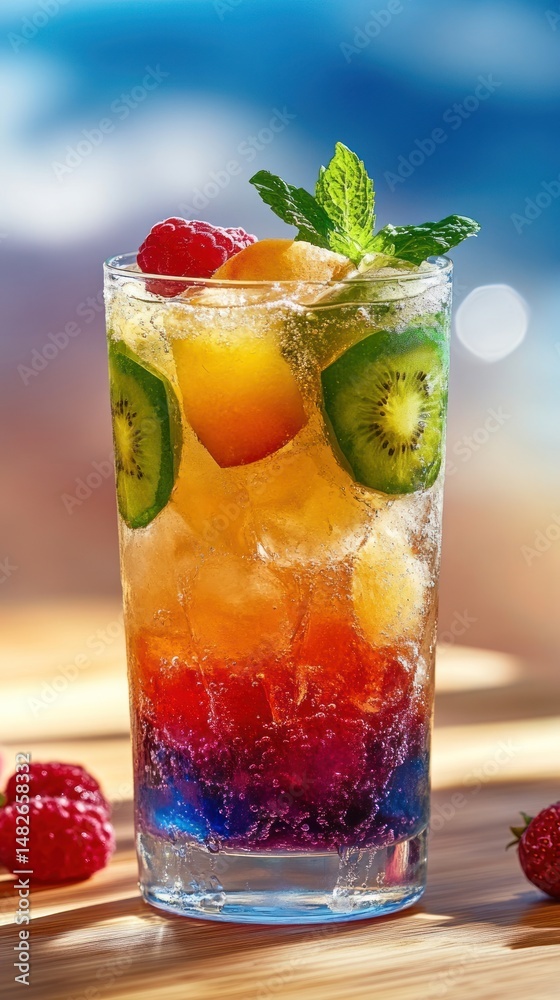 Colorful fruit drink in a tall glass. Colorful fruit drink in a tall glass.